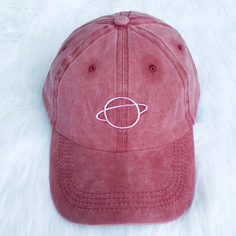 Red washed planet embroidered baseball hat